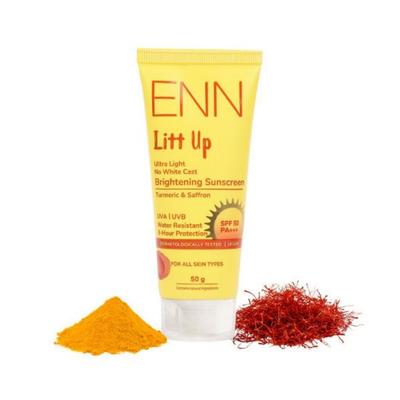 ENN Litt Up Ultra Light No White Cast Brightening Sunscreen Turmeric & Saffron SPF 50 PA+++ 50gm - Face Sunscreen