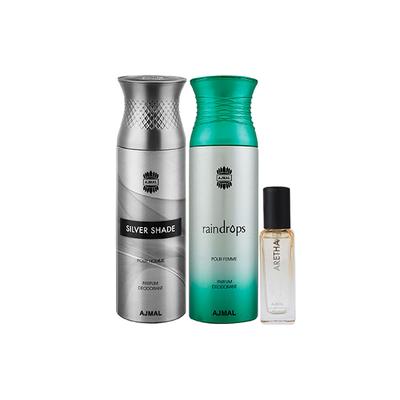 Ajmal Silver Shade & Raindrops Deo & Aretha EDP Pack of 3 20 ml - Women Perfumes (Edt/Edp)