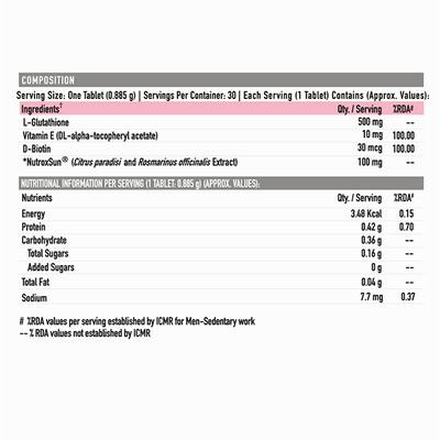 Truebasics Glutathione with Nutroxsun, Biotin and Vitamin E, for Healthy And Youthful Skin, Clinically Researched Ingredients, 30 Glutathione Tablets 1's - Hair & Skin