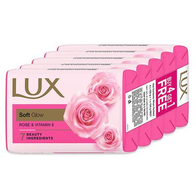 LUX Soft Glow Buy 4 Get 1 Free Offer Rose & Vitamin E Bathing Soap For Glowing Skin Beauty Soaps 750 gm - Soaps