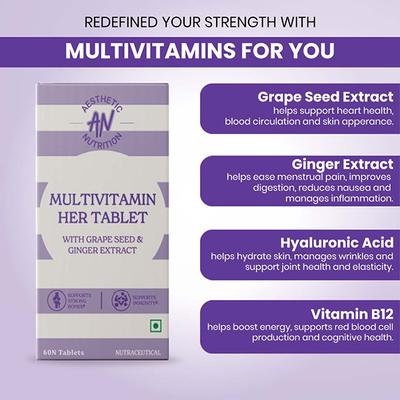 Aesthetic Nutrition Multivitamin Her With Grape Seed, Ginger Extract, Hyaluronic Acid, Vitamin B3, And B12 60 Tablets 1's - Multi-Vitamins