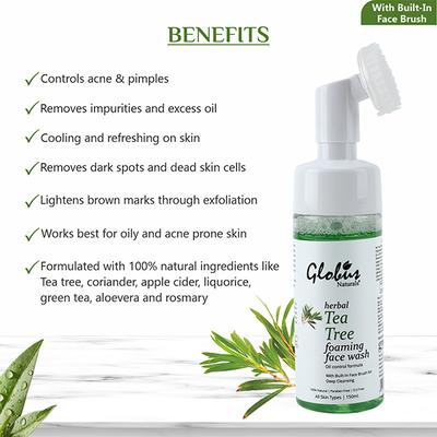 Globus Naturals Tea Tree Oil Control Foaming Face Wash With Built-In Face Massage Brush 150ml - Face Wash & Cleansers