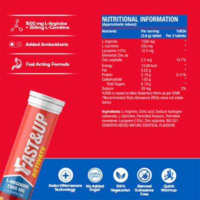 Fast&Up Activate Pre-Training Drink L-Arginine L-Carnitine 1500 mg Effervescent Tablet - Orange Flavour 20's - Workout Essentials