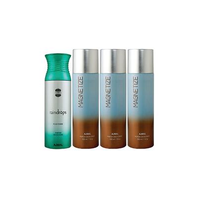 Ajmal 1 Raindrops Femme And 3 Magnetize Deodorants Pack of 4 200 ml - Deodorants/Roll-Ons