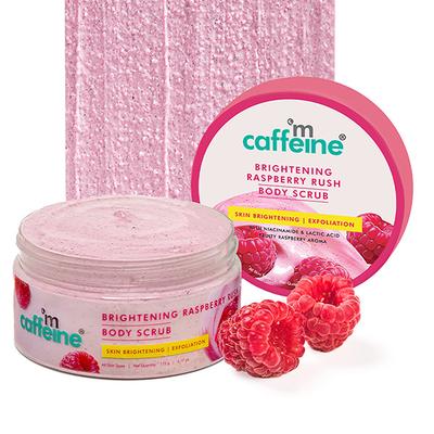 mCaffeine Brightening Raspberry Body Scrub - Tan Removal, AHAs Lactic and Glycolic Acid, Vit C Rich 175 gm - Scrubs & Exfoliants