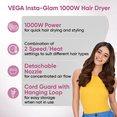VEGA Insta Glam 1000w Foldable Hair Dryer (VHDH-20) Pink 1 gm - Hair Dryers