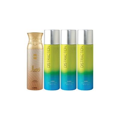 Ajmal 1 Wisal And 3 Distraction Deodorants Pack of 4 200 ml - Deodorants/Roll-Ons
