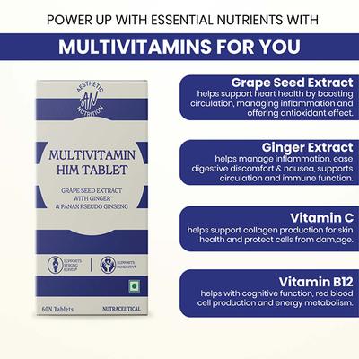 Aesthetic Nutrition Multivitamin Him With Grape Seed Extract, Ginger, And Panax Pseudo Ginseng For Energy, Vitality 60 Tablets 1's - Multi-Vitamins
