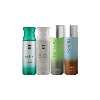 Ajmal 1 Raindrops Femme, 1 Evoke Silver Edition For Him, 1 Nightingale And 1 Magnetize Deodorants Pack of 4 200 ml - Deodorants/Roll-Ons