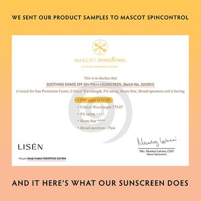 LISEN Soothing Shade SPF 50 + PA +++ Sunscreen with Anti Pore-Dex Complex, non-Greasy 60 ml - Face Sunscreen