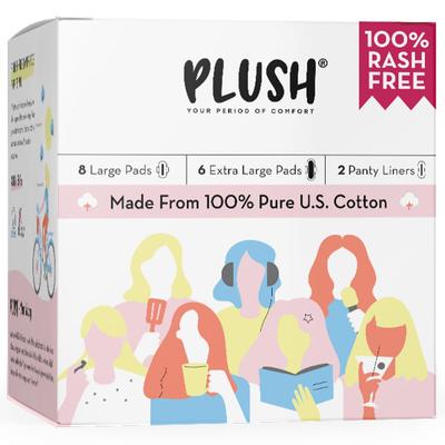 Plush 100% Pure US Cotton Pack (8 L Pads + 6 XL Pads + 2 Panty Liner) - Sanitary Napkins