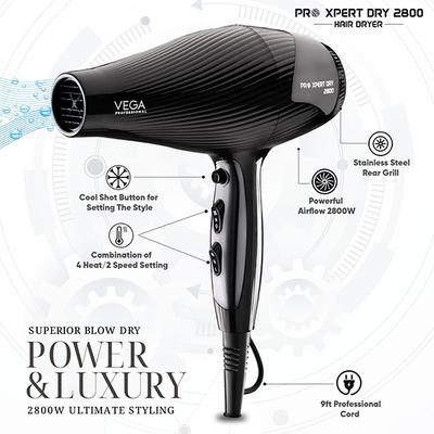 VEGA Professional Pro Xpert Dry 2800 Hair Dryer for Salon, 4 Heat- 2 Speed Setting, VPPHD-10 1's - Hair Dryers