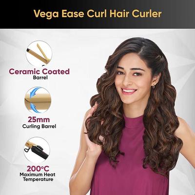 Vega Ease Curl Hair Curler 25 mm With Ceramic Coated Barrel (VHCH-02) Black 1's - Multi-Stylers