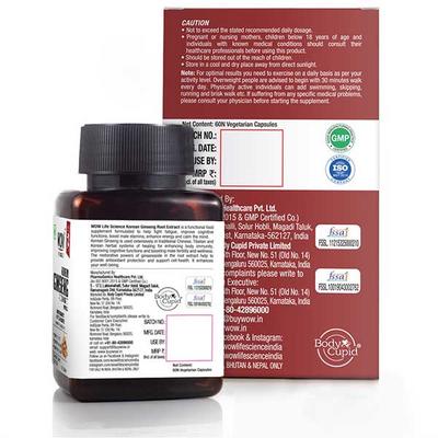 WOW Life Science 1000 mg Korean Ginseng Root Extract Veg Capsule 60's - Herbal Dietary Supplement