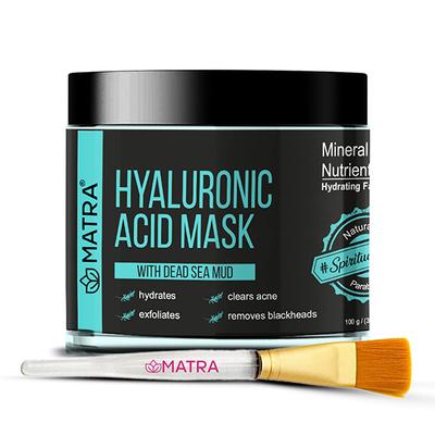 Matra Hyaluronic Acid Mask for face, acne & blackheads - with Dead Sea Mud - Free Face Mask Brush - Facial Exfoliator, Cleanser, Acne Reduction treatment 100 gm - Face Packs