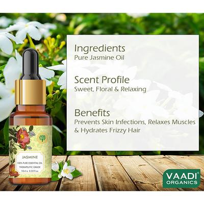 Vaadi Herbals Jasmine Essential Oil - Nourishes Dry & Damaged Hair, Improves Sleep, Uplifts Mood, Reduces Acne & Blemishes - 100% Pure Therapeutic Grade 10 ml - Essential Oils