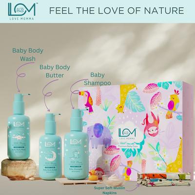 Love Momma 3 Bottles + Napkins Gift Hamper for Baby Skin Care (Baby Shampoo, Body Butter, Body Wash) 1's - Baby Shampoo