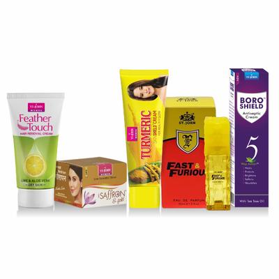 Vi-John Women Care Kit (Feather Touch Hair Remover Lime 40 gm + Saffron Gold Fairness Cream 50 gm + Turmeric Cream Fairness Cream 50 gm + Boro Sheiled Antiseptic Ayurvedic 19 ml + St. John Perfume Fast & Furious Eau De Parfum 30 ml) 1's - Women Perfumes (Edt/Edp)