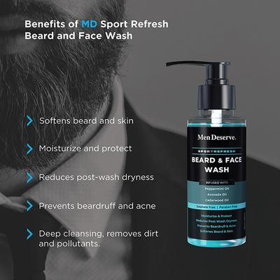 Men Deserve Sport Refresh Beard & Face Wash Infusion with Peppermint Oil Avocade Oil, Cedarwood Oil Sulphate Free, Paraben Free 100ml - Beard Wash