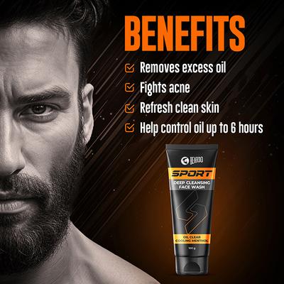 Beardo Sport Deep Cleansing Facewash for Men, Cooling Menthol, Oil Control 100 gm - Face Washes