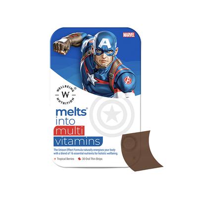 Wellbeing Nutrition Marvel Captain America Melts Kids Organic Multivitamin with Vitamin A B-Complex C D -30 Strips - Multi-Vitamins