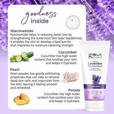 Globus Naturals Purifying Lavender Face Wash, Enriched with Niacinamide & Pearl, Hydro Boost formula 75 gm - Face Wash & Cleansers