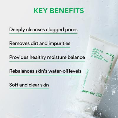 Innisfree Green Tea Amino Acid Foam Cleanser - Hydrating, Soft & Rich Cleanser for Daily Use 80 gm - Face Wash & Cleansers