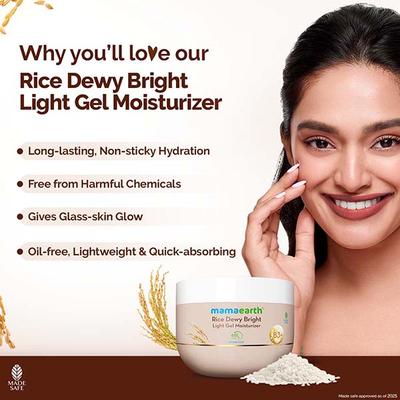 Mamaearth Rice Dewy Bright Light Gel Moisturizer with Rice Water& Niacinamide Glass-Skin Glow 200 gm - Face Moisturizers