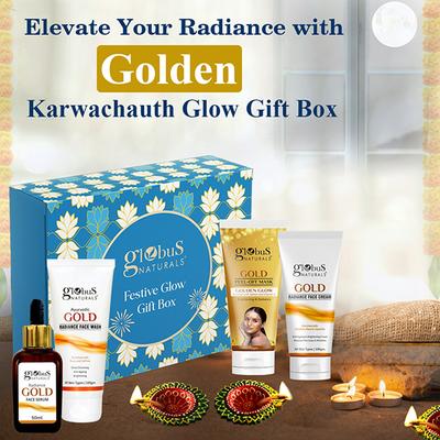 Globus Naturals Karwachauth Golden Glow Gift Box- Face Wash 100gm, Peel Off Mask 75gm, Face Scrub 100gm and Gold Serum 30ml 1's - Makeup Kits & Sets