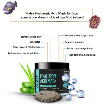 Matra Hyaluronic Acid Mask for face, acne & blackheads - with Dead Sea Mud - Free Face Mask Brush - Facial Exfoliator, Cleanser, Acne Reduction treatment 100 gm - Face Packs