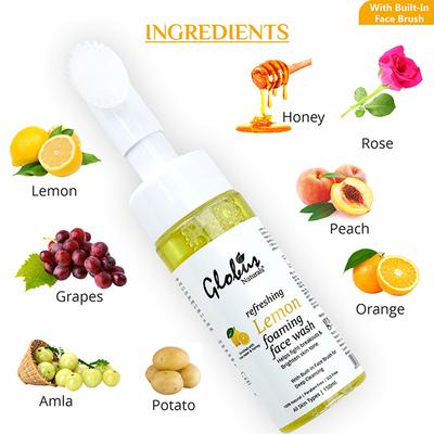 Globus Naturals Refreshing Lemon Fairness Foaming Face Wash With Silicon Face Massage Brush 150 ml - Face Wash & Cleansers