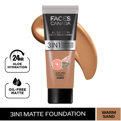FACES CANADA 3in1 All Day Hydra Matte Foundation + Moisturizer + SPF 30 Warm Sand 042 15 ml - Foundation