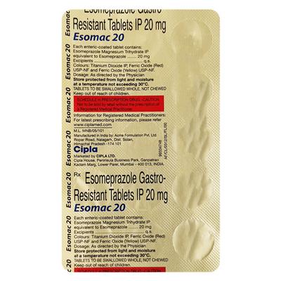 Esomac 20mg Tablet 15'S - Ulcer/Reflux/Flatulence-Aaa