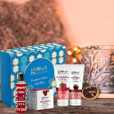 Globus Naturals Wine Infusion Luxury Spa Ritual Gift Box, Box Includes - Red Wine Body Wash 100ml + Red Wine Face Wash 75gm+ Red Wine Facial Kit 40gm + Peel Off Mask 100gm 1's - Creams, Lotions & Oils