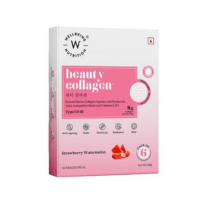 Wellbeing Nutrition Beauty Korean Marine Collagen, Type 1 and 3 Peptides, Hyaluronic Acid, Astaxanthin, Biotin, Vit C - 6 Sachets 60 gm - Multi-Vitamins