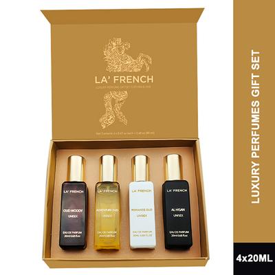 La French Adventure Oud, Romance Oud, Al Hisan, Oud Woody Luxury Perfume Gift Set for Unisex 4X20Ml 4's - Men Perfumes (Edt/Edp)