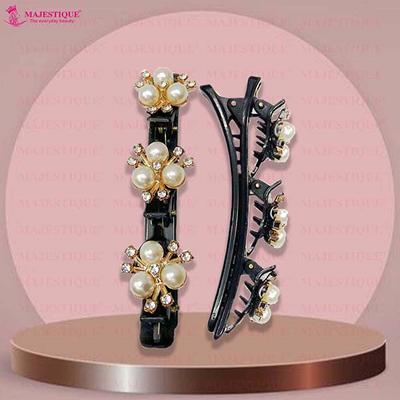 Majestique Stylish Pearl Braid Duckbill Clips, Styling Hair Pins, Crystal Stone 2's - Hair Clips/Bands