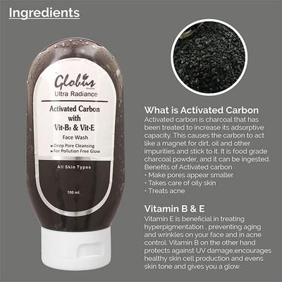 Globus Remedies Activated Carbon with Vitamin B3 and Vitamin E Face Wash 200 ml - Face Washes