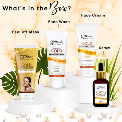 Globus Naturals Karwachauth Golden Glow Gift Box- Face Wash 100gm, Peel Off Mask 75gm, Face Scrub 100gm and Gold Serum 30ml 1's - Makeup Kits & Sets