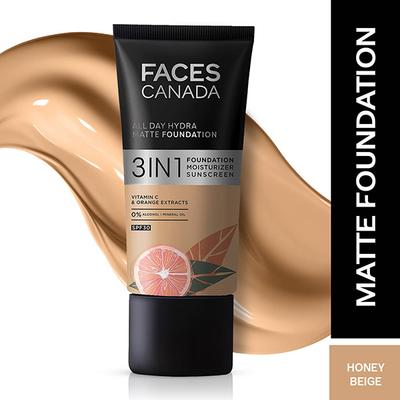 Faces Canada All Day Hydra Matte Foundation 3-In-1 Foundation + Moisturizer + SPF 30 24 Hr Aloe Hydration & Vitamin C 10Hr Long Wear Honey Beige 031 25ml - Foundation
