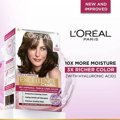 L'Oreal Paris Excellence Creme Hair Color, 4 Natural Brown 100gm+72ml - Crème