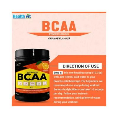 Healthvit Fitness 100% Micronized BCAA 5200mg 2-1-1 with L-Glutamine and Citrulline, (10 Servings) Tangy Orange Keto Friendly, Caffeine Free 200 gm - General Health