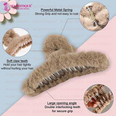 Majestique Soft Faux Fleece Fur Large Hair Clutcher Hair Claw Clips Hair Accessories Hair Clip - Multicolor 3's - Hair Clips/Bands