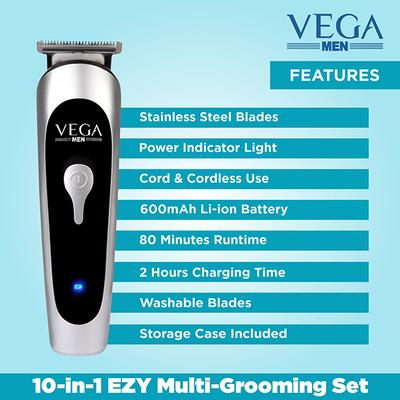 VEGA Men 10 in 1 EZY Multi Grooming Set with Beard Hair Trimmer Nose Trimmer & Body Groomer And Shaver (VHTH-22) 1 gm - Trimmers