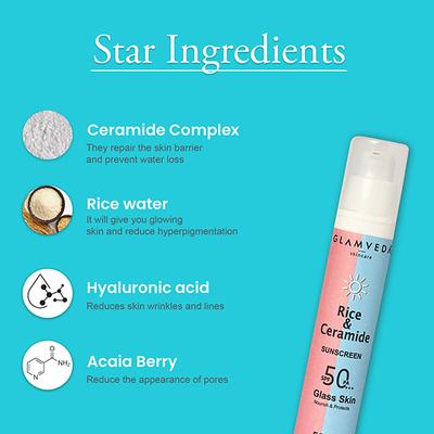 Glamveda Korean Glass Skin Rice & Ceramide Dewy Sunscreen SPF 50 PA+++ 50 ml - Body Sunscreen