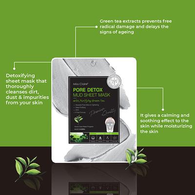 Miss Claire Pore Detox Mud Sheet Mask with Purifying Green Tea 15gm - Sheet Masks