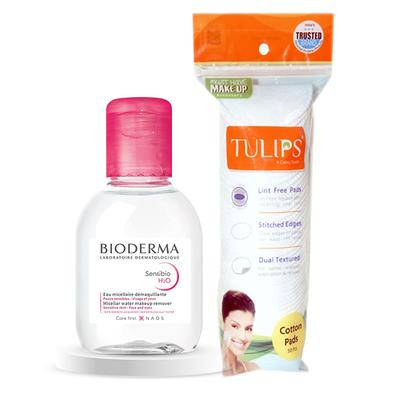 Bioderma Combo (Sensibio H2O Micellar Water Makeup Remover 100 ml + Tulips Cotton Pad 50's) - Make Up Removers