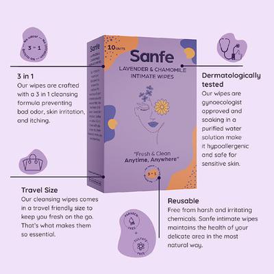 Sanfe Intimate Wipes Combo - Lavendar & Chamomile (Pack of 2 X 10's) - Intimate Care