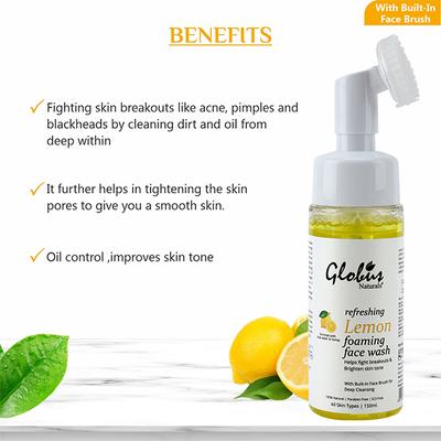 Globus Naturals Refreshing Lemon Fairness Foaming Face Wash With Silicon Face Massage Brush 150 ml - Face Wash & Cleansers