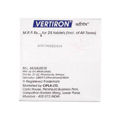 Vertiron 25mg Tablet 25'S - Vertigo-Ant